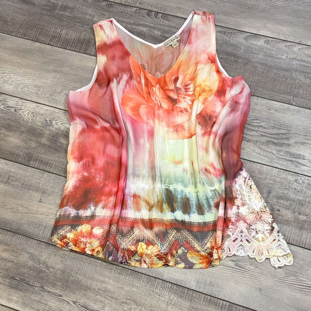 Live and Let Live Floral Tropical Asymmetrical Tank EUC Large